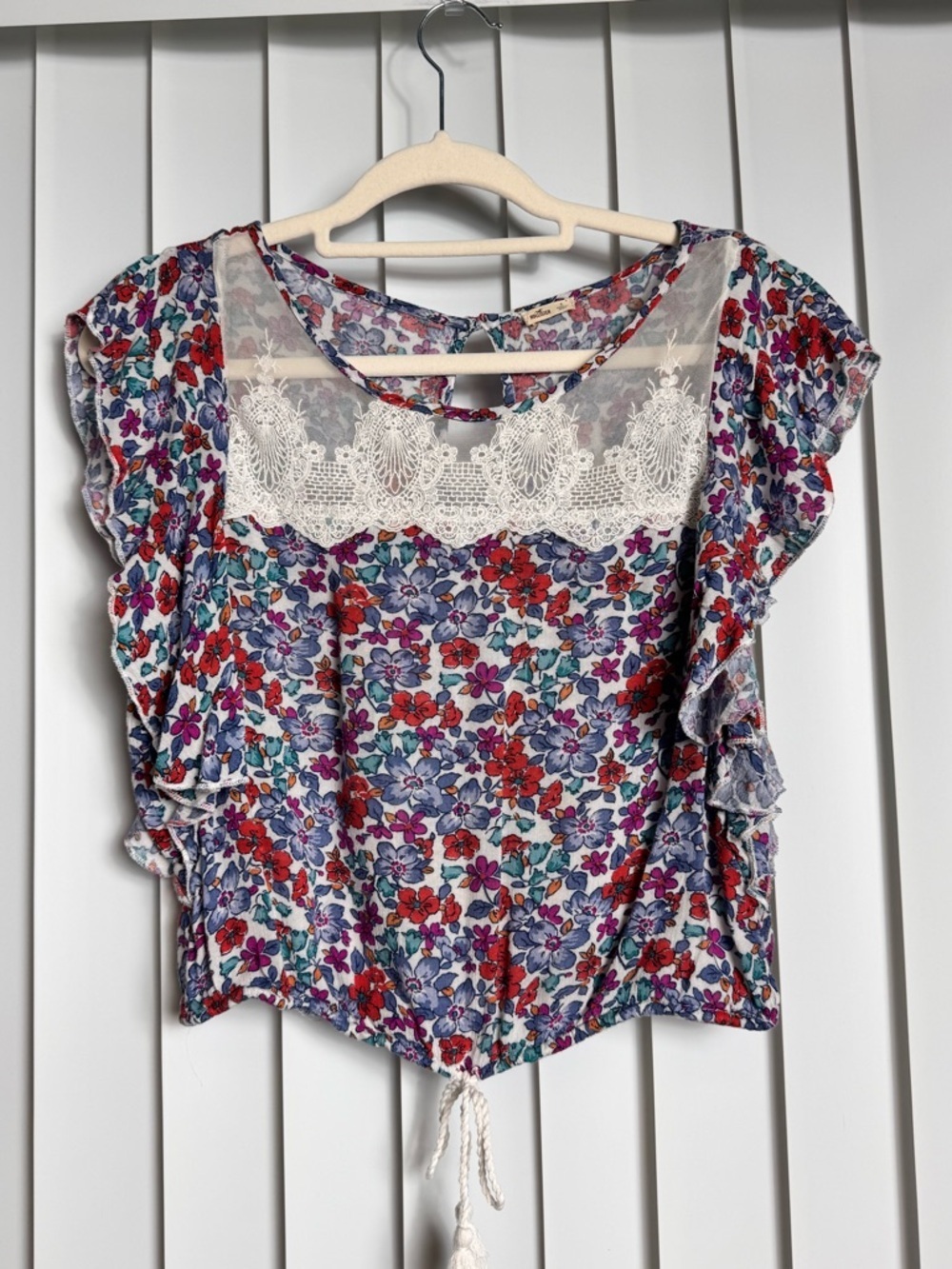 Hollister Floral Lace Ruffle Sleeve Crop Blouse Size Small Boho Top - Picture 2 of 11